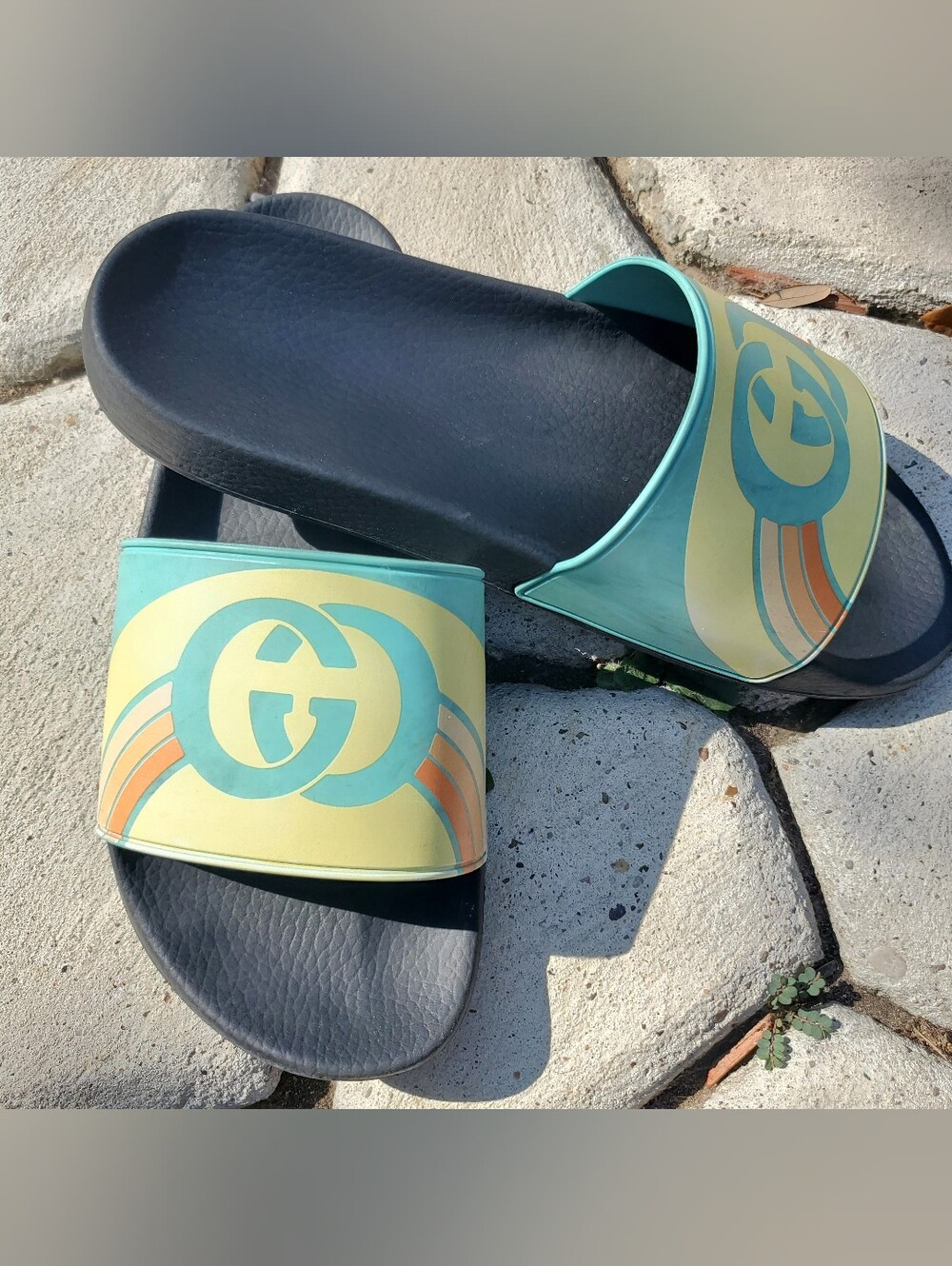 Gucci Aqua & Yellow Logo Slide Sandals Men's